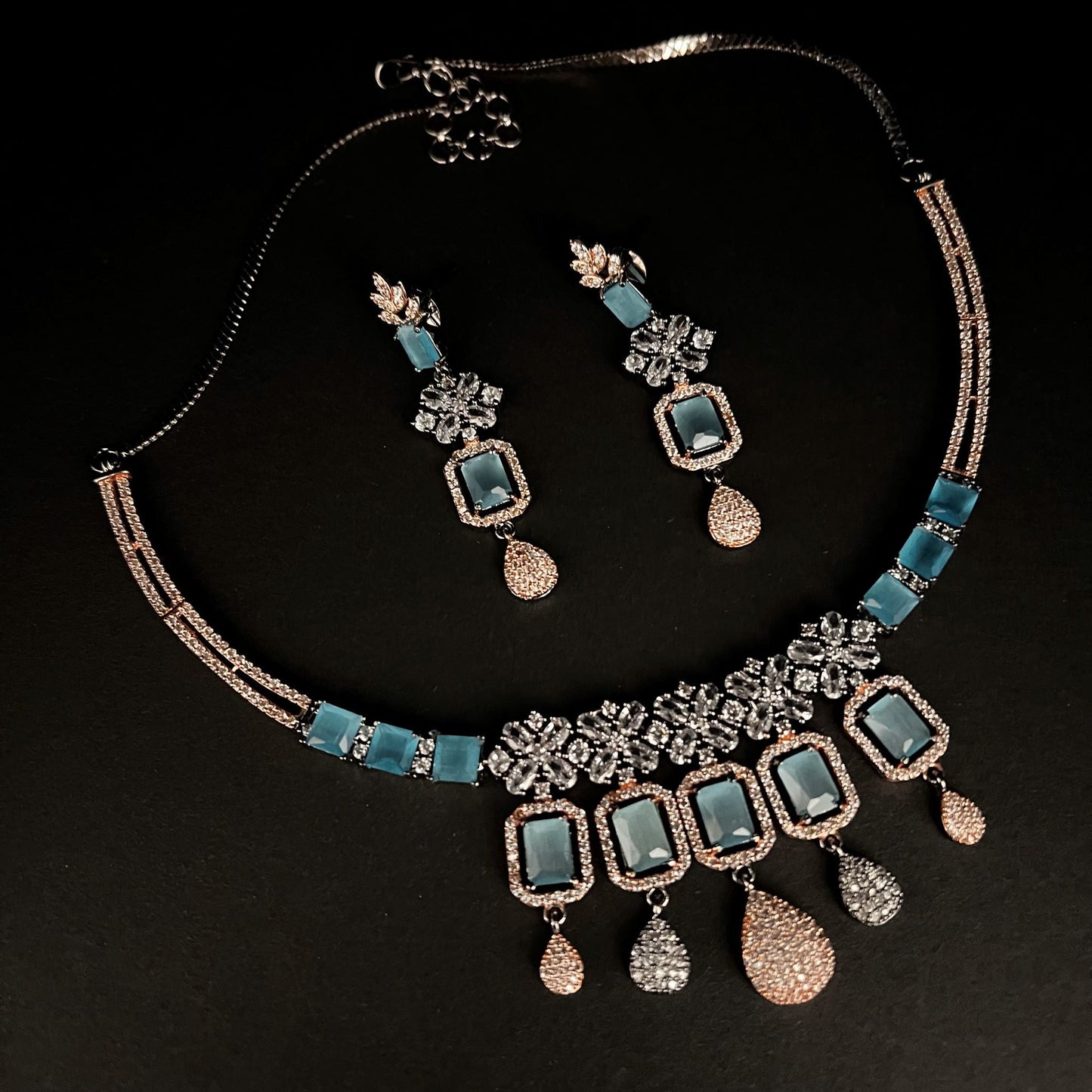 Fashion - Designer Trendy Style Aqua Blue Color AD/CZ Necklace Set With Black Tone Plating