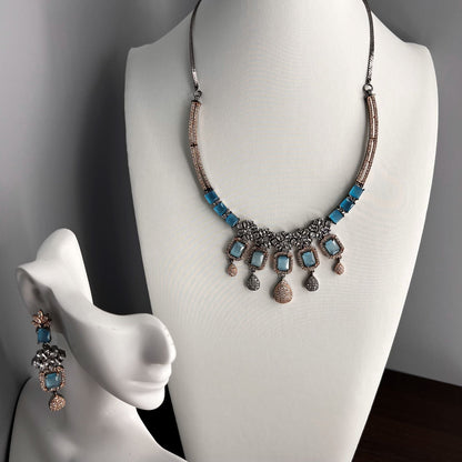 Fashion - Unique Victorian Style Aqua Blue AD/CZ Stone Necklace Set