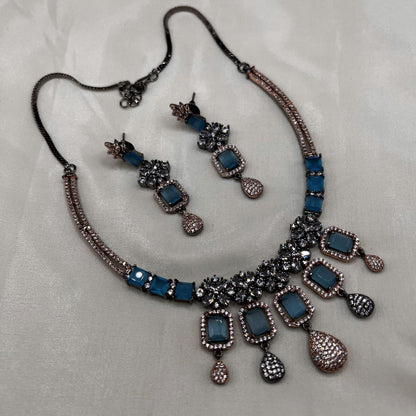 Fashion - Unique Victorian Style Aqua Blue AD/CZ Stone Necklace Set