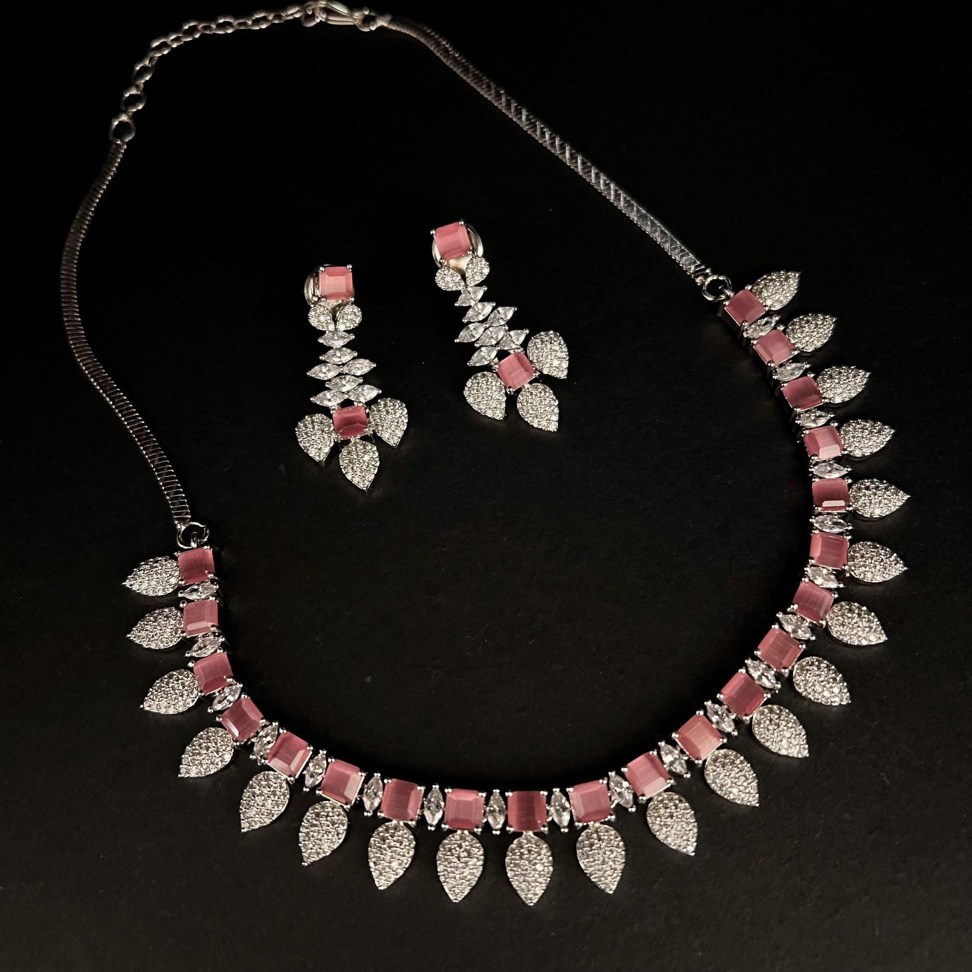 Fashion - Designer Dainty Style Pink Color AD/CZ Necklace Set With Rhodium Plating