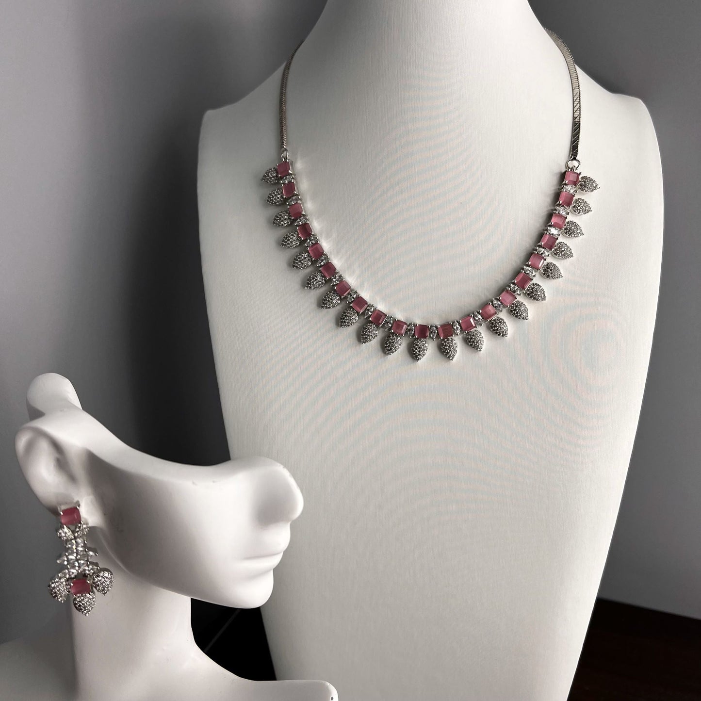 Fashion - Classy Looking Designer Pink & White AD/CZ Stone Necklace Set