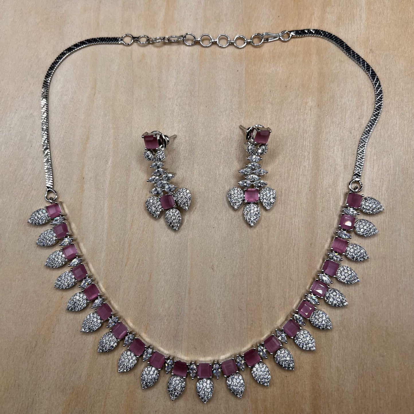 Fashion - Classy Looking Designer Pink & White AD/CZ Stone Necklace Set