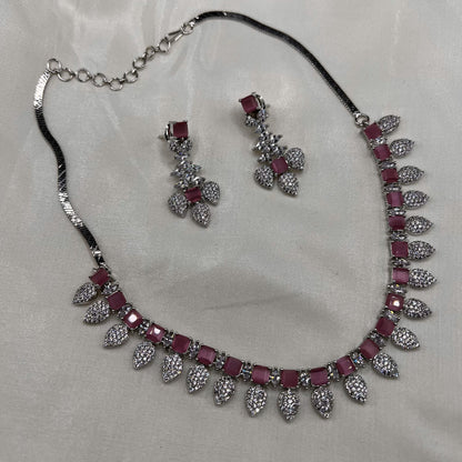 Fashion - Classy Looking Designer Pink & White AD/CZ Stone Necklace Set