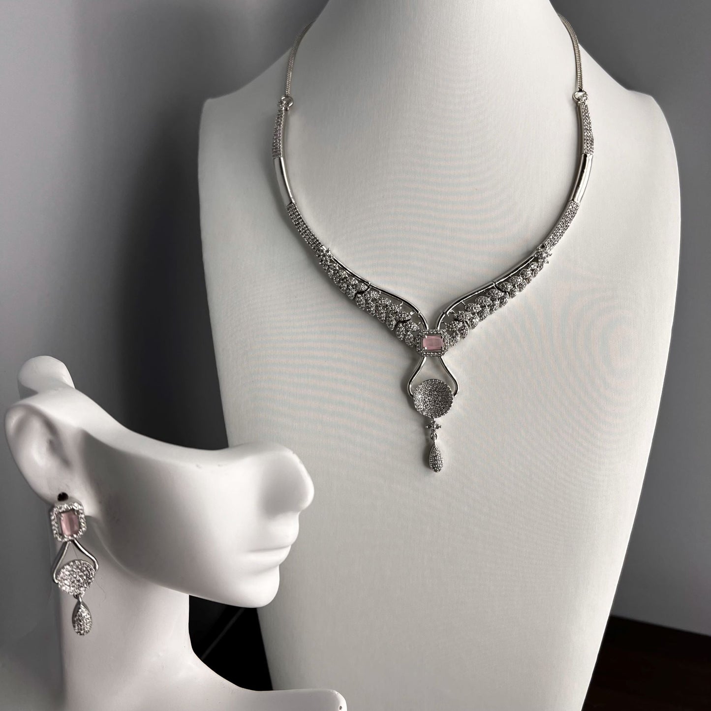 Fashion - Elegant Cuff/Hasli Style Pink AD/CZ Stone Necklace Set