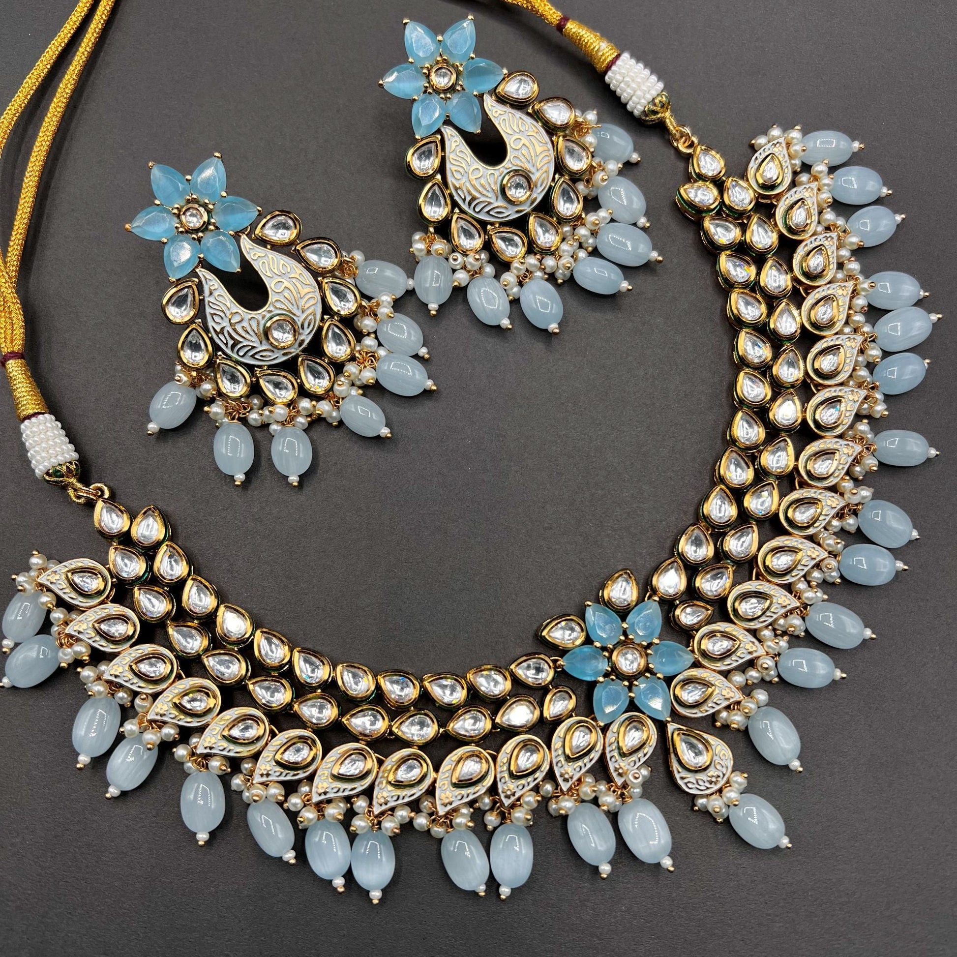 Fashion - Designer Festive Style Light Blue Color Kundan, Meenakari Necklace Set With Gold Tone Plating