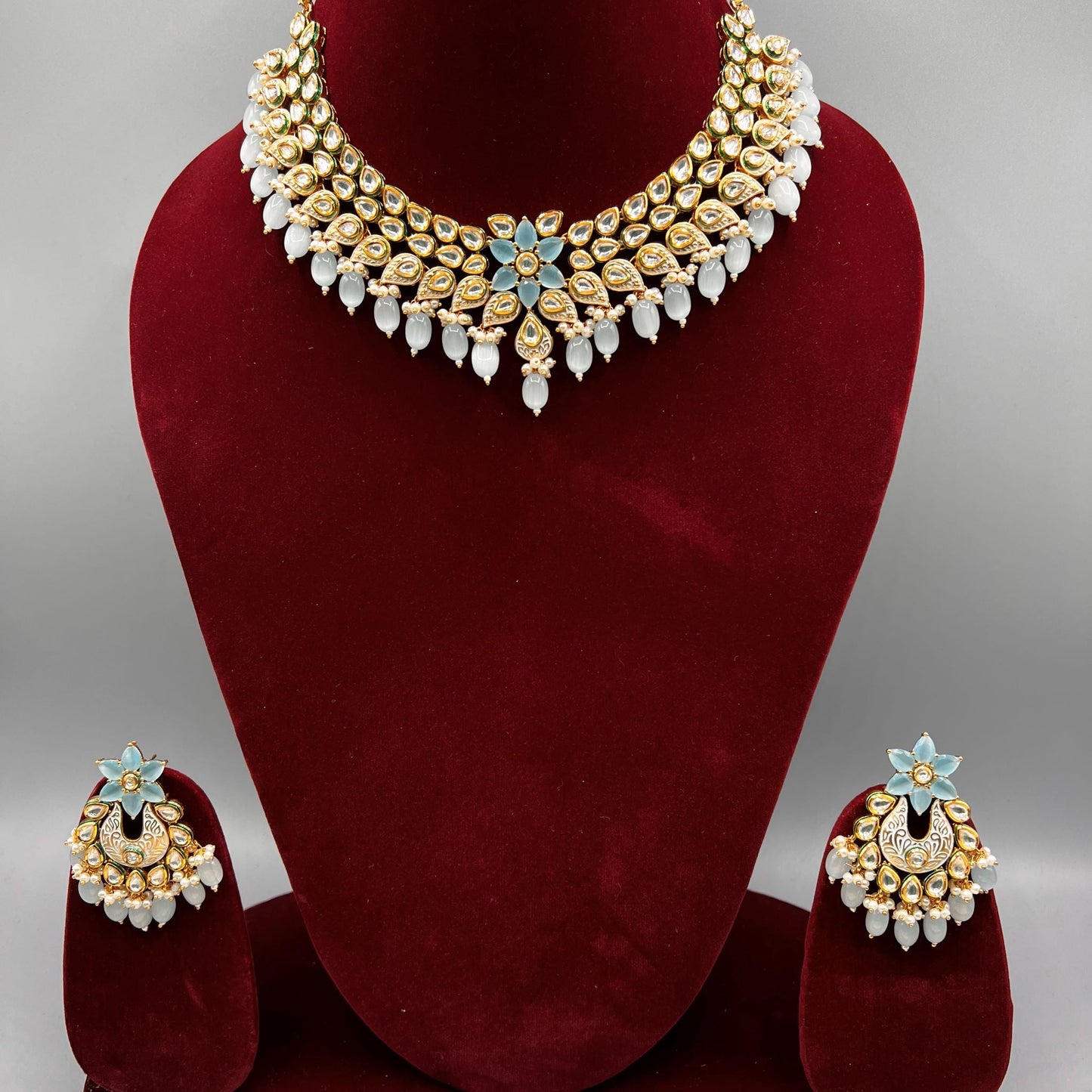 Fashion - Gorgeous Designer Festive Light Blue Kundan & Meenakari Work Necklace Set