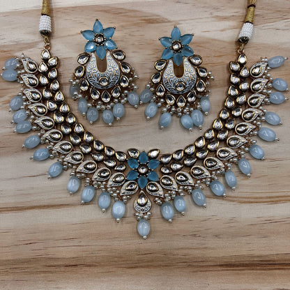 Fashion - Gorgeous Designer Festive Light Blue Kundan & Meenakari Work Necklace Set