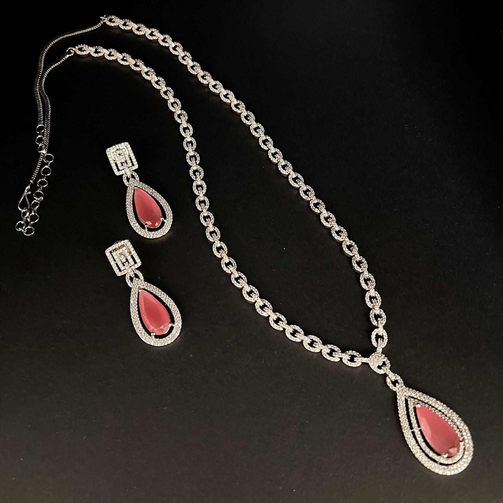 Fashion - Designer Classic Style Pink Color AD/CZ Necklace Set With Rhodium Plating