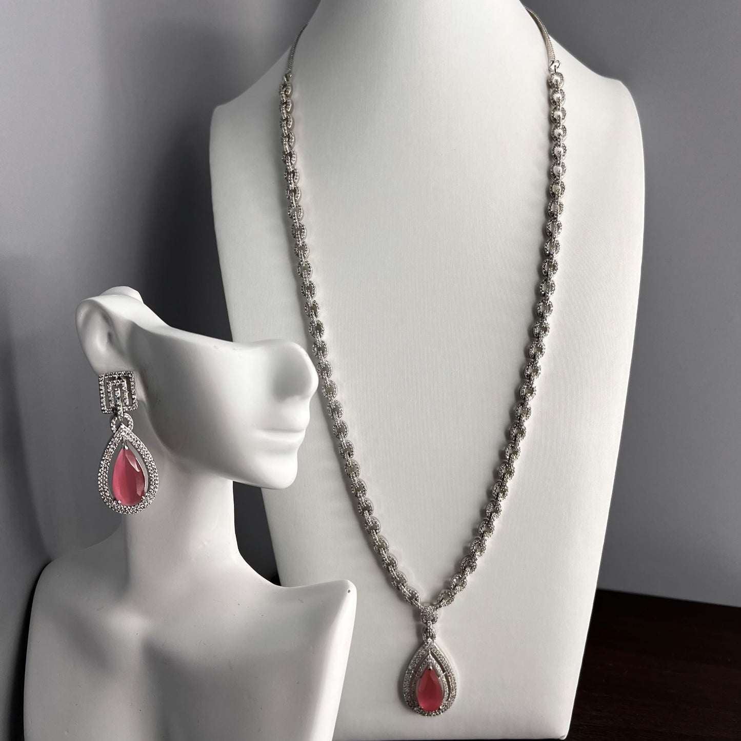 Fashion - Classy Looking Pink & White AD/CZ Stone Long Necklace Set