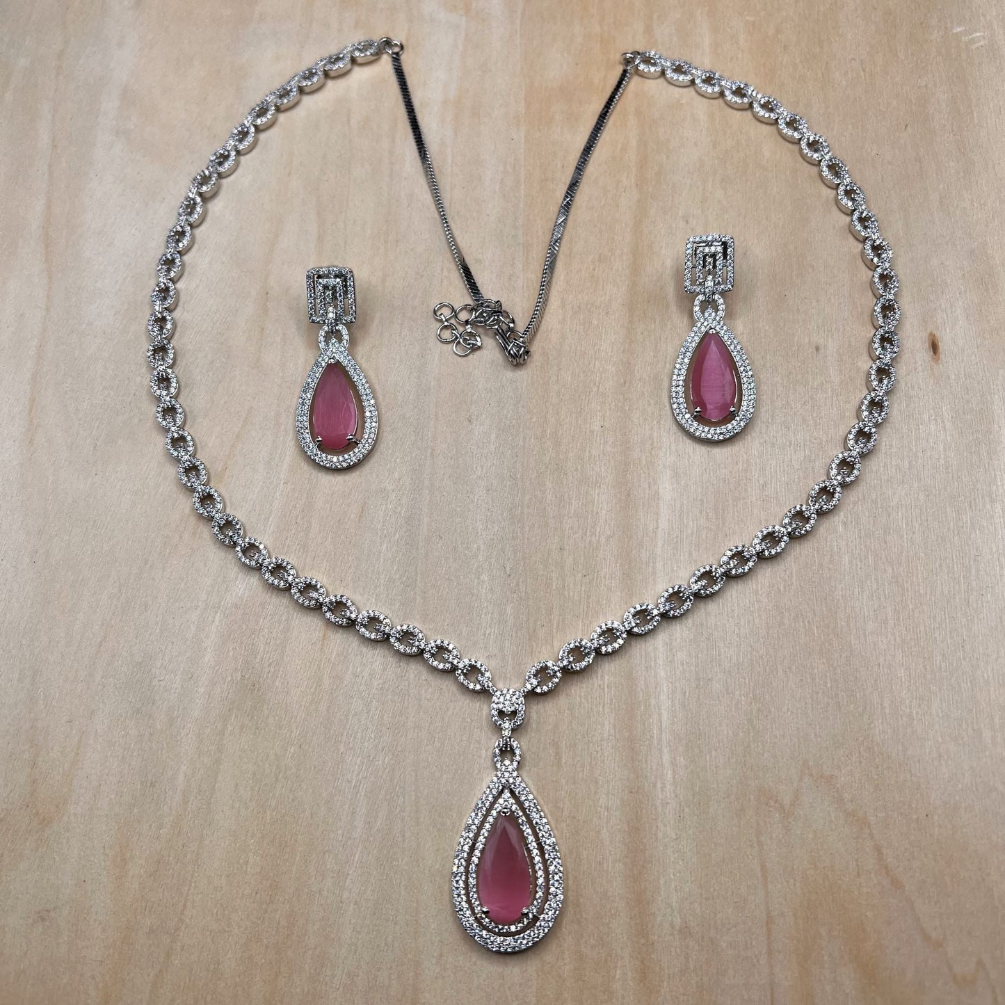 Fashion - Classy Looking Pink & White AD/CZ Stone Long Necklace Set