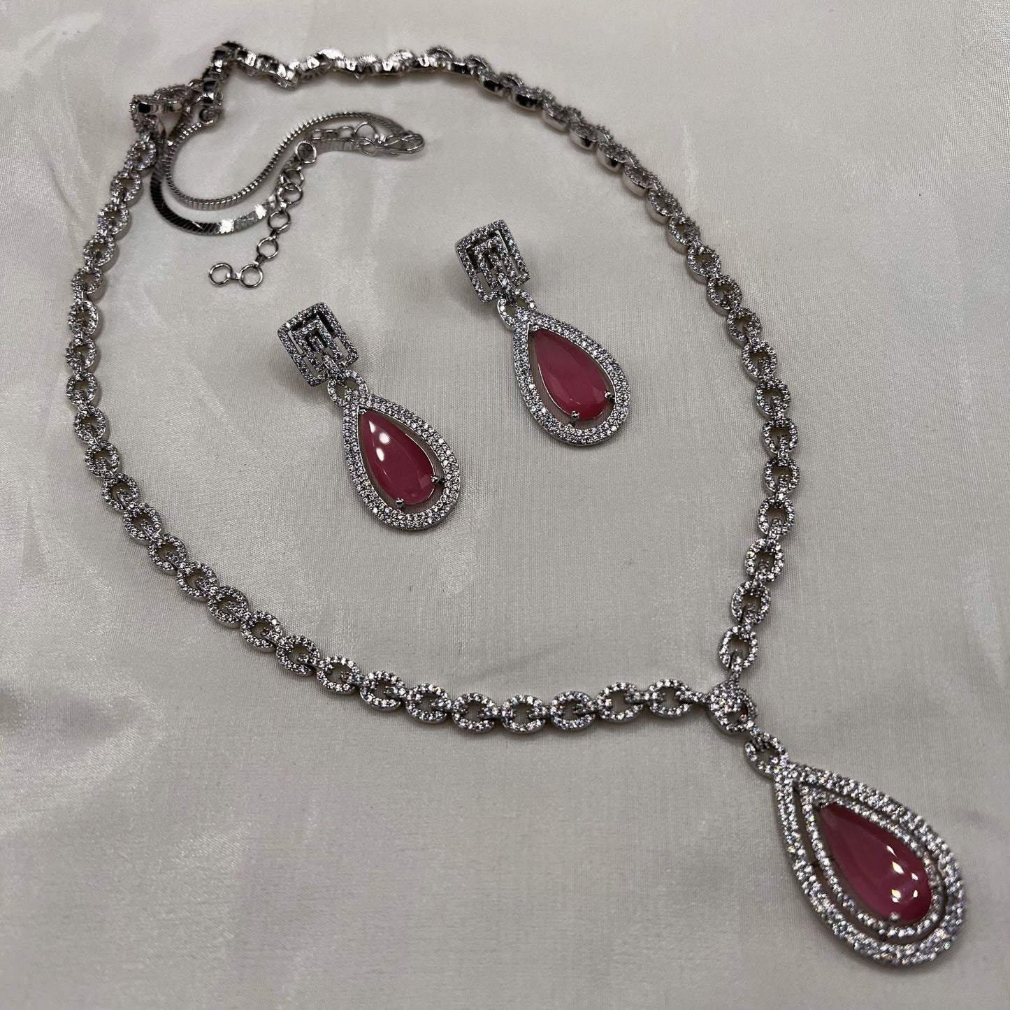 Fashion - Classy Looking Pink & White AD/CZ Stone Long Necklace Set