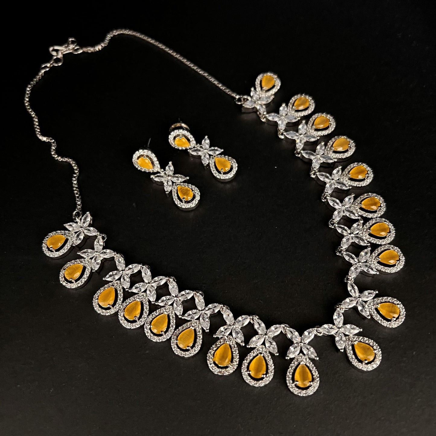 Fashion - Classic Style Yellow Color AD/CZ Necklace Set With Rhodium Plating