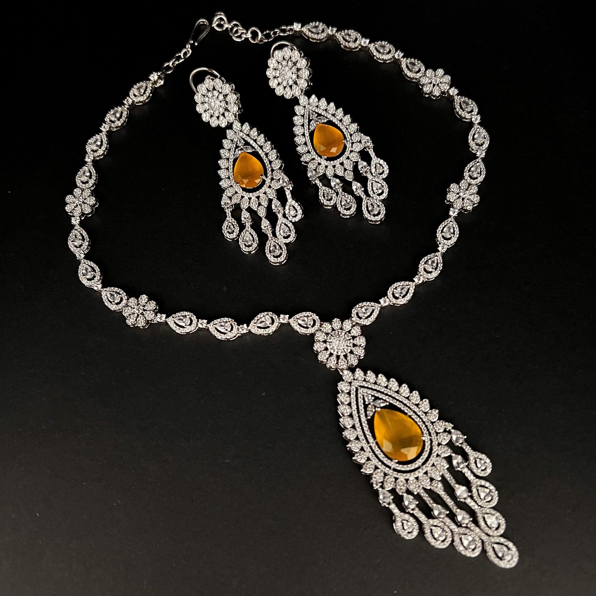 Fashion - Designer Classic Style Yellow Color AD/CZ Necklace Set With Rhodium Plating