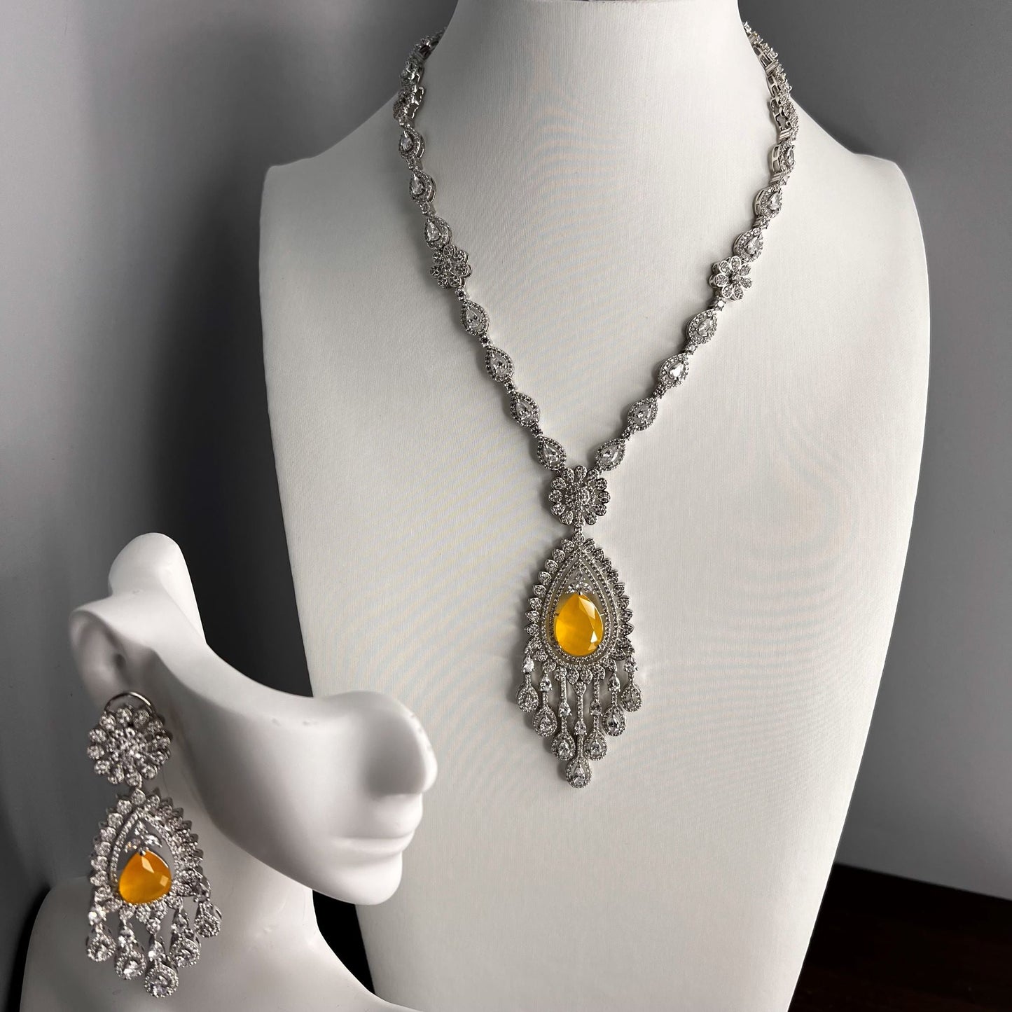 Fashion - One-Of-A-Kind Designer Yellow Color AD/CZ Stone Necklace Set