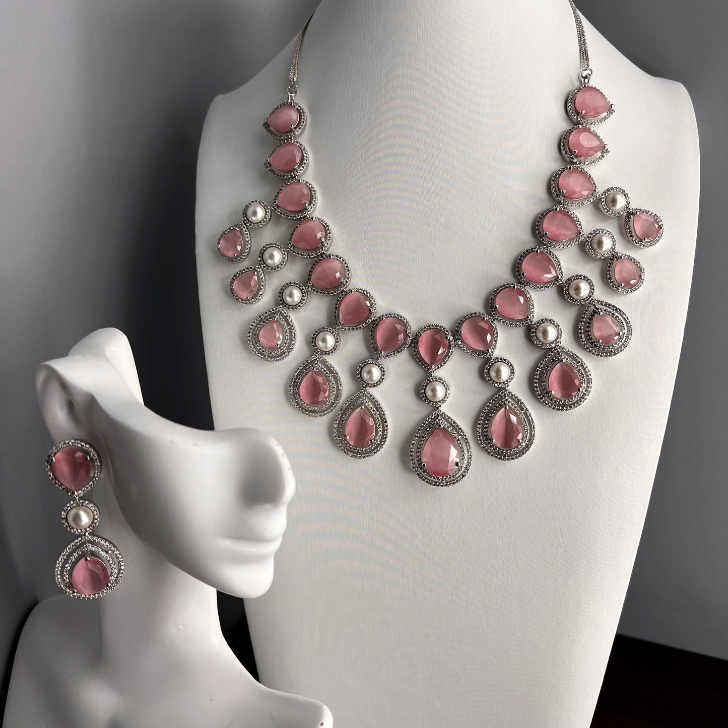 Fashion - Gorgeous Bestseller Pearl & Pink Color AD/CZ Stone Necklace Set