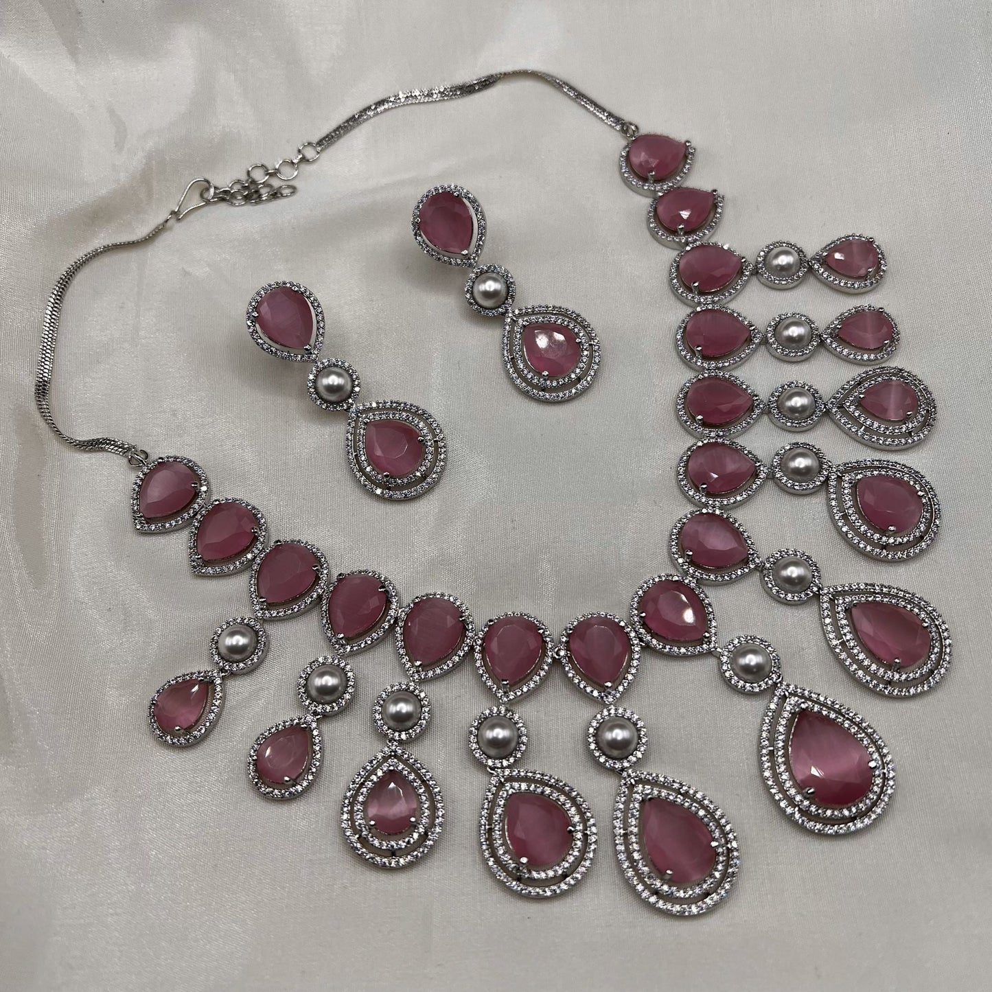 Fashion - Gorgeous Bestseller Pearl & Pink Color AD/CZ Stone Necklace Set