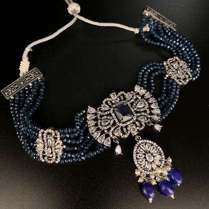 Fashion - Designer Trendy Style Navy Blue Color AD/CZ, Bead Mix Necklace Set With Black Plating