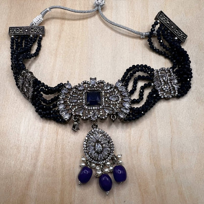 Fashion - Designer Trendy Navy Blue AD/CZ Stone, Bead Mix Choker Necklace Set