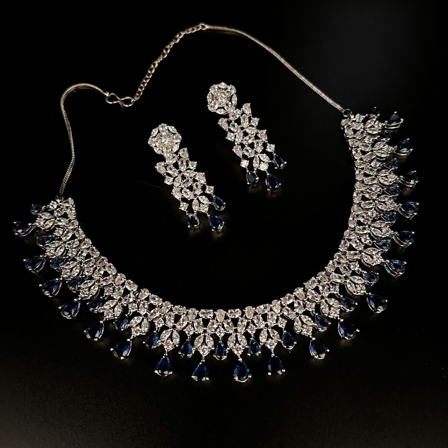 Fashion - Classic Style Navy Blue Color AD/CZ Necklace Set With Silver Tone Plating