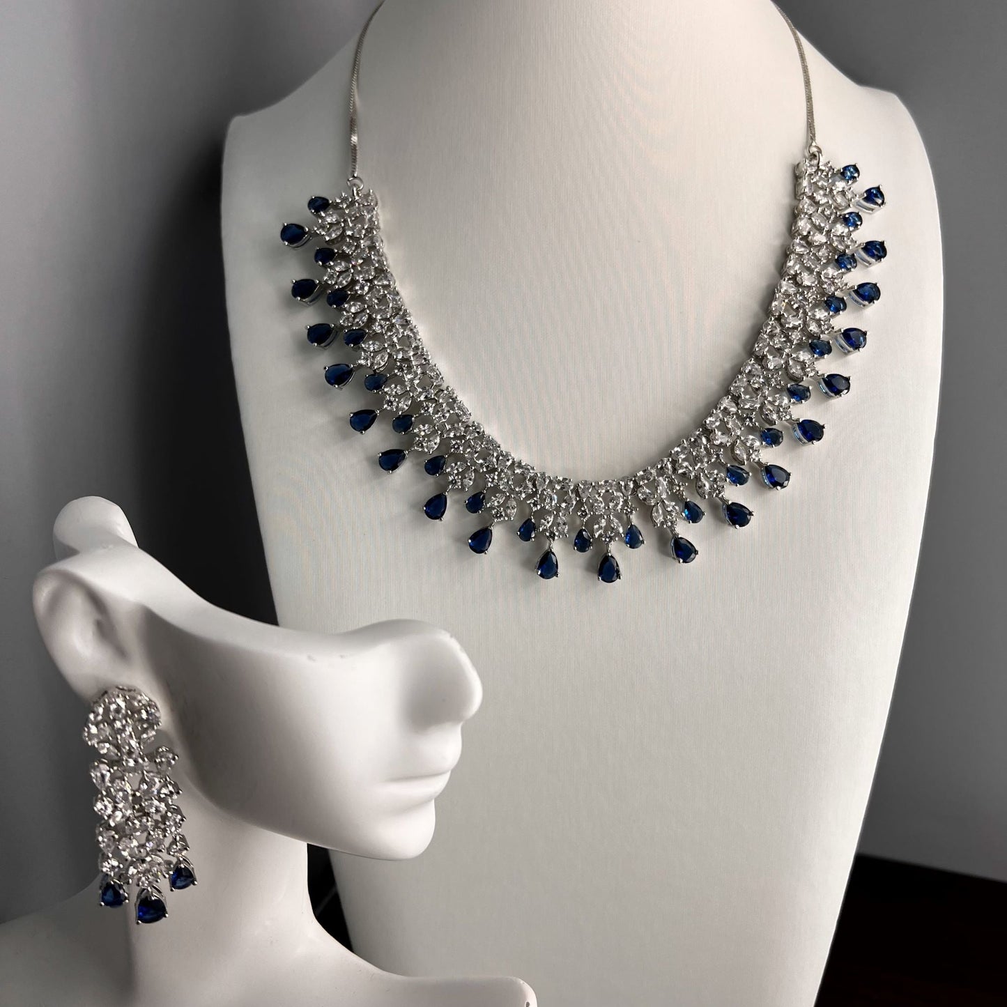 Fashion - Bestseller Navy Blue & White AD/CZ Stone Necklace Set