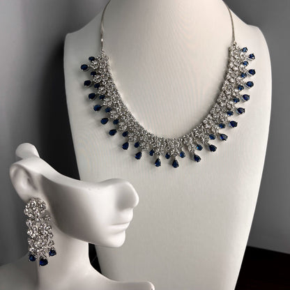 Fashion - Bestseller Navy Blue & White AD/CZ Stone Necklace Set