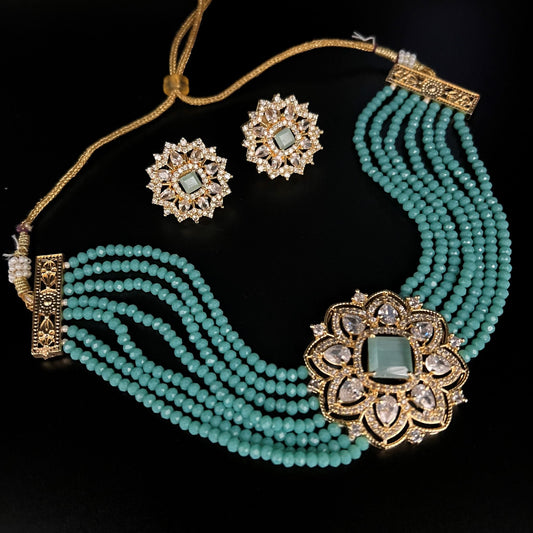 Fashion - Designer Trendy Style Teal Green Color AD/CZ, Bead Mix Necklace Set With Gold Tone Plating