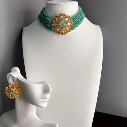 Fashion - Lovely Teal Blue Beads & AD/CZ Stone, Bead Mix Choker Necklace Set