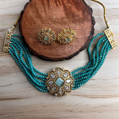 Fashion - Lovely Teal Blue Beads & AD/CZ Stone, Bead Mix Choker Necklace Set