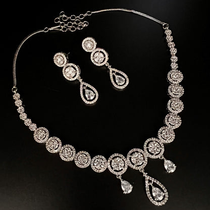 Fashion - Designer Classic Style White Color AD/CZ Necklace Set With Silver Tone Plating