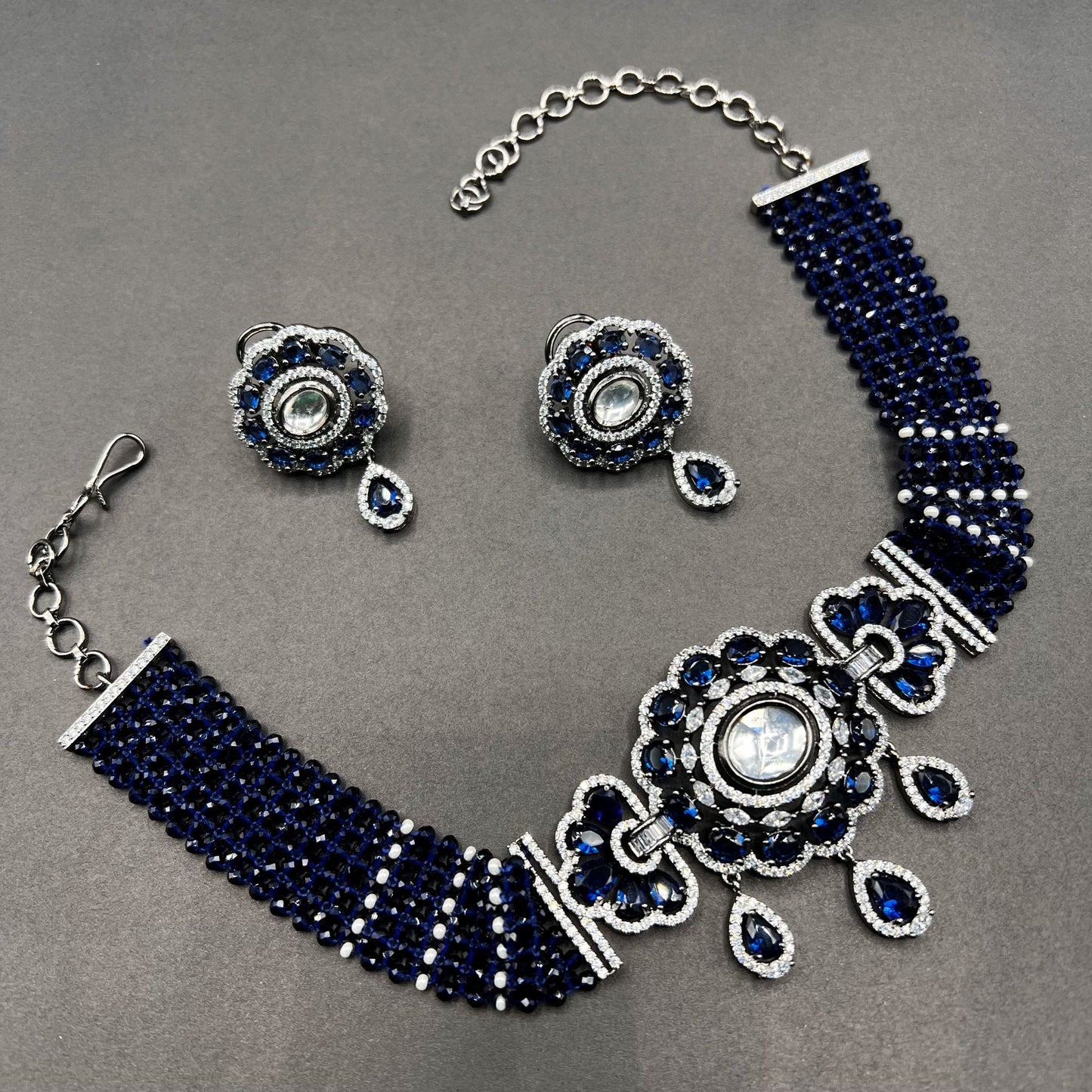 Fashion - Classic Style Navy Blue Color Kundan, Bead Mix Necklace Set With Black Plating