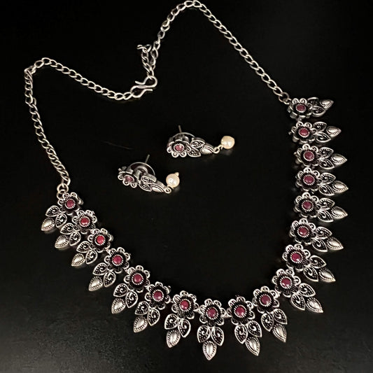 Fashion - Classic Style Ruby Pink Color Oxidized Necklace Set With Oxidized Silver Tone Plating