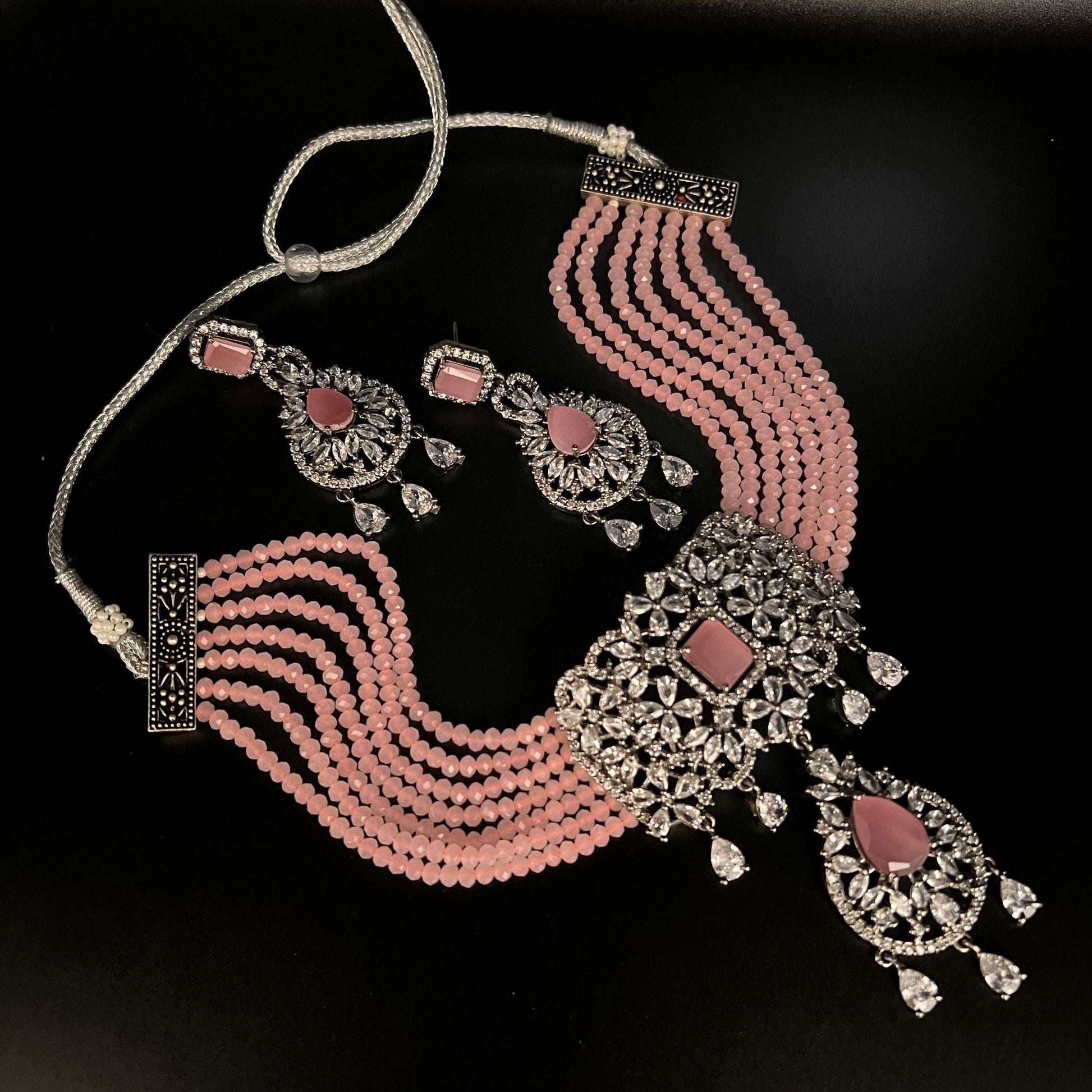 Fashion - Classic Style Pink Color AD/CZ, Bead Mix Necklace Set With Black Tone Plating