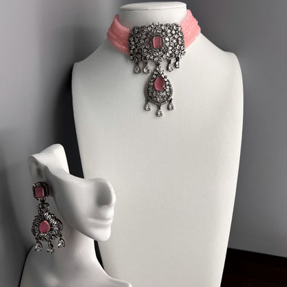 Fashion - Victorian Style Pink Beads & AD/CZ Stone, Bead Mix Choker Necklace Set