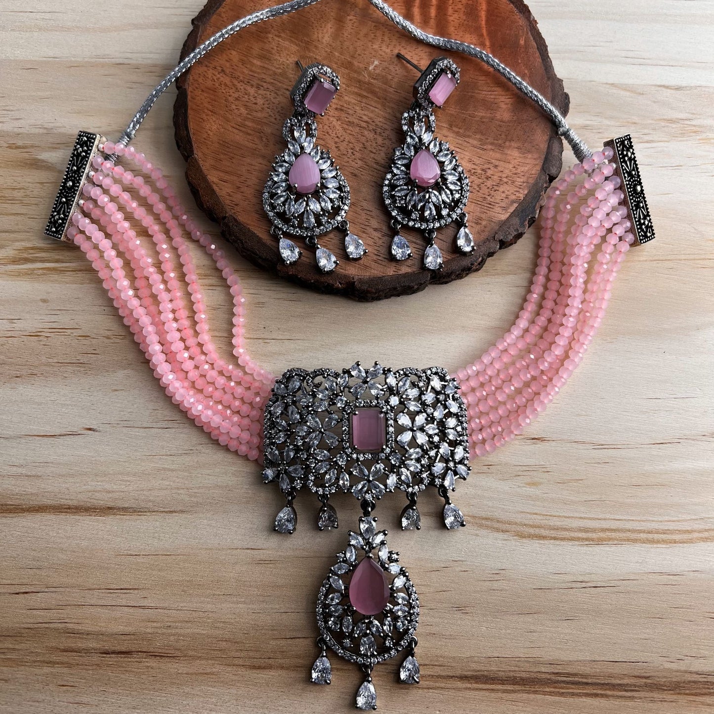 Fashion - Victorian Style Pink Beads & AD/CZ Stone, Bead Mix Choker Necklace Set