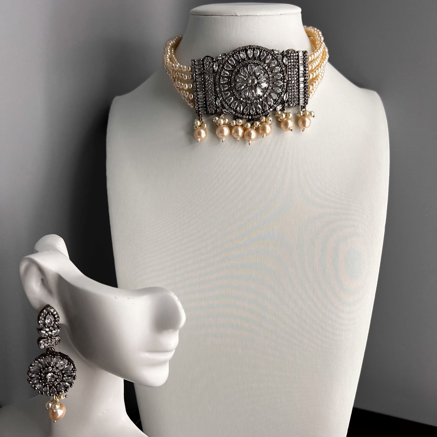 Fashion - Victorian Inspired Pearl & White AD/CZ Stone, Bead Mix Choker Necklace Set