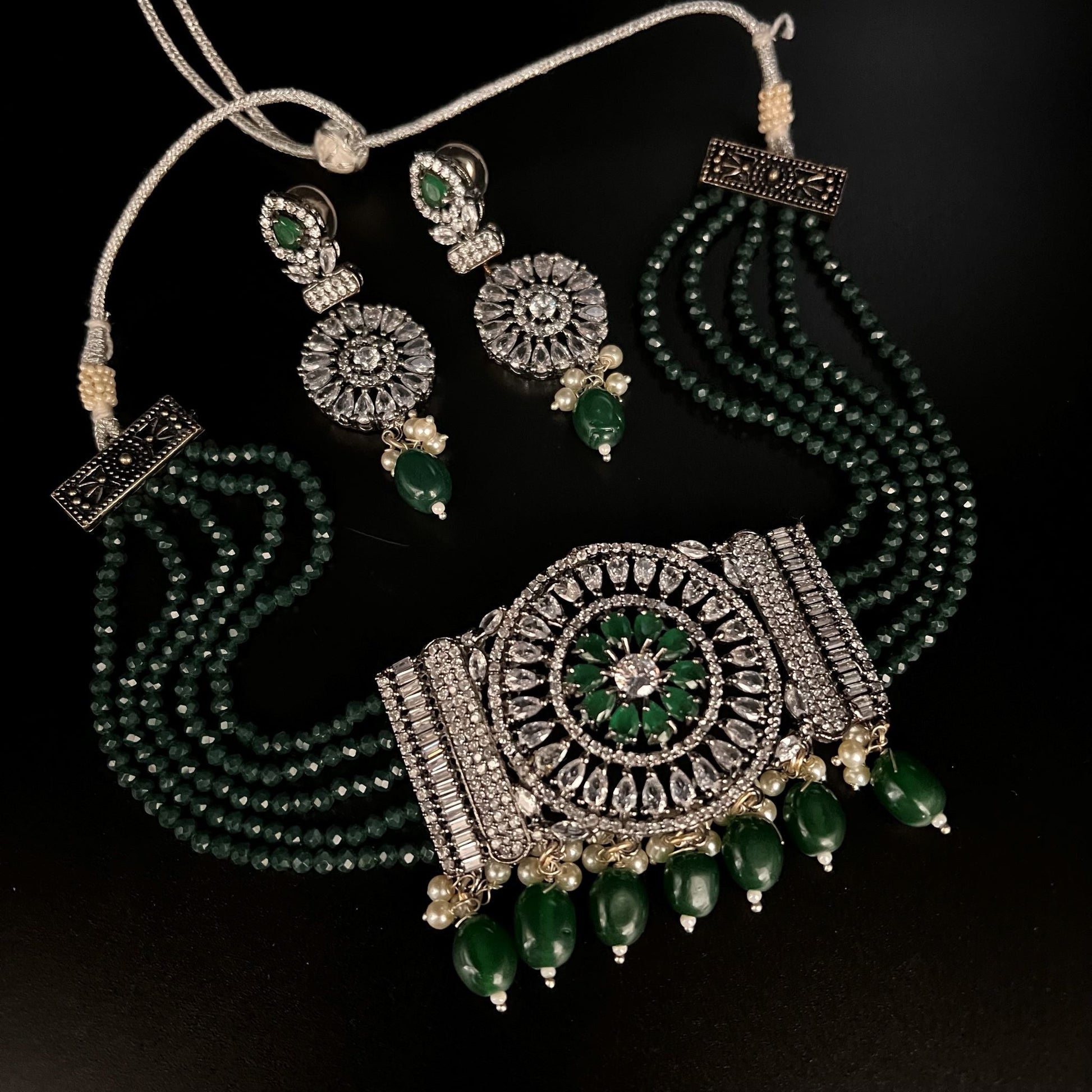 Fashion - Classic Style Green Color AD/CZ, Bead Mix Necklace Set With Black Tone Plating