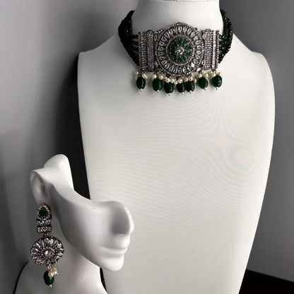 Fashion - Victorian Inspired Green Beads, AD/CZ Stone, Bead Mix Choker Necklace Set