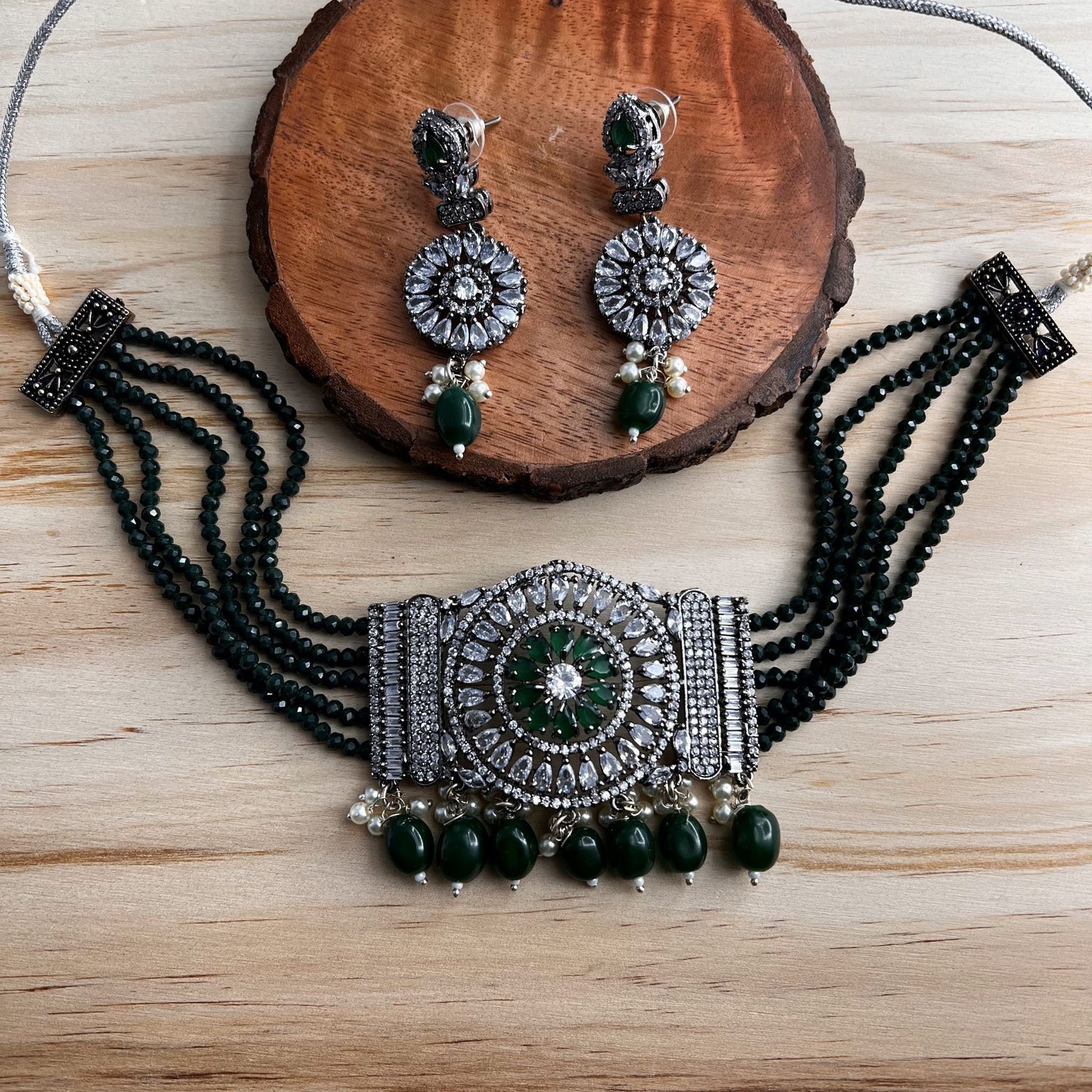 Fashion - Victorian Inspired Green Beads, AD/CZ Stone, Bead Mix Choker Necklace Set