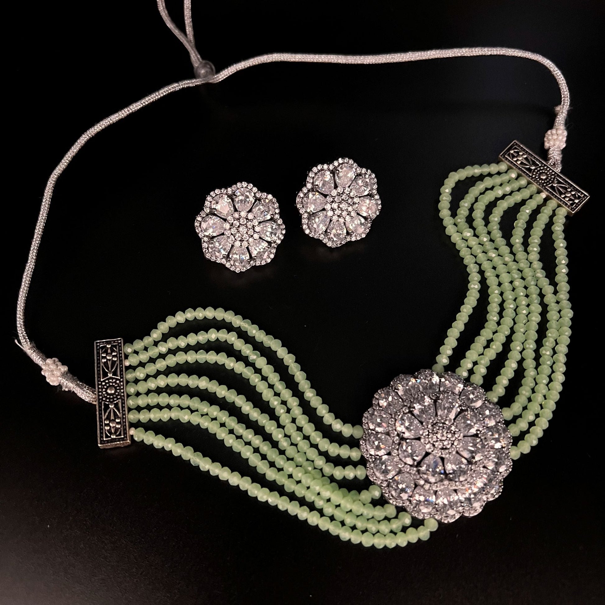 Fashion - Trendy Style Mint Green Color AD/CZ, Bead Mix Necklace Set With Black Tone Plating