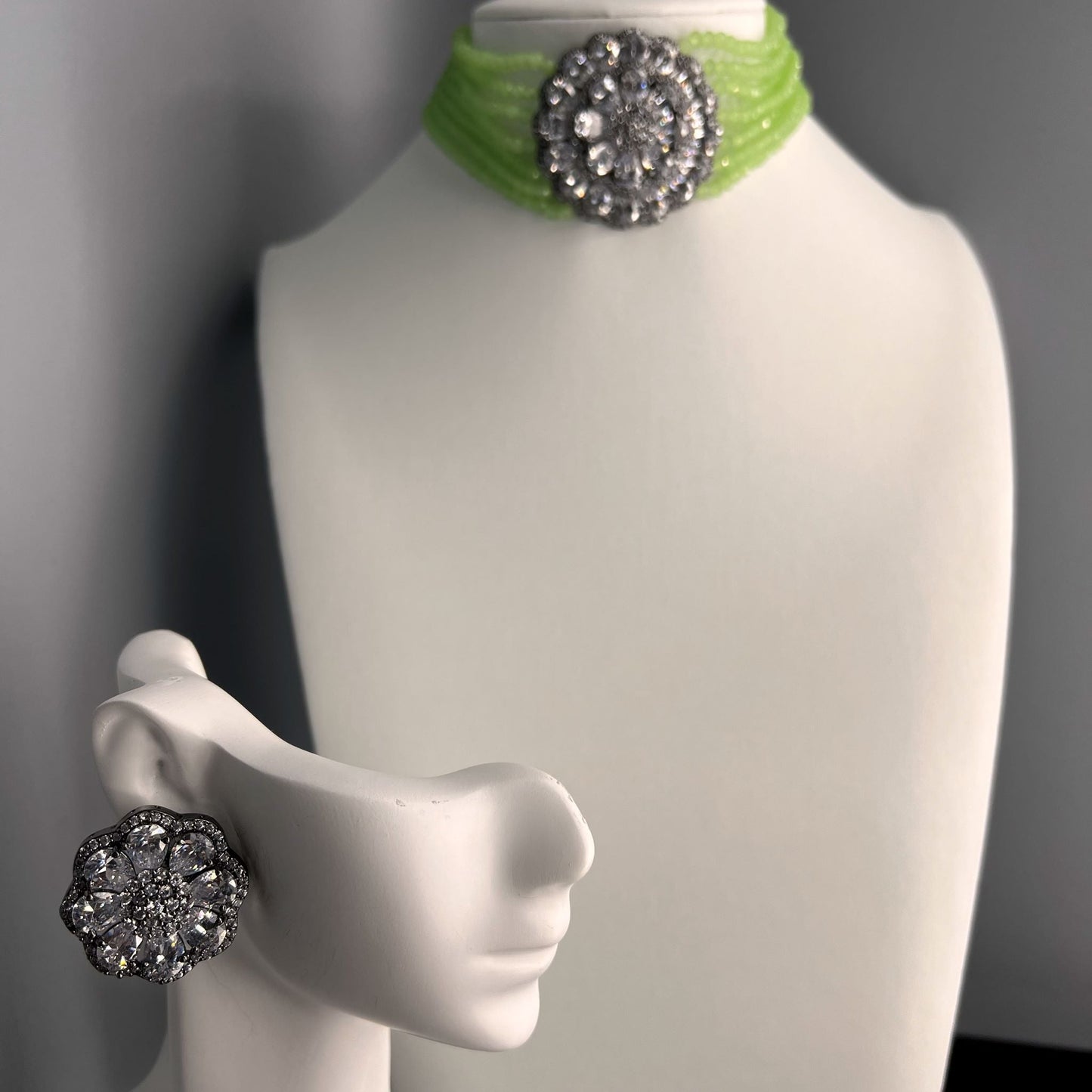 Fashion - Victorian Style Mint Green Beads, White AD/CZ Stone, Bead Mix Choker Necklace Set