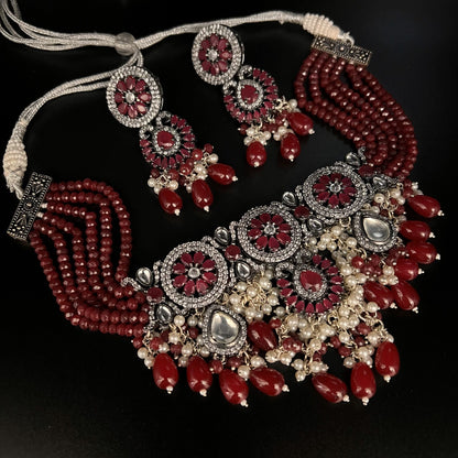 Fashion - Festive Style Maroon Color AD/CZ, Bead Mix Necklace Set With Black Tone Plating