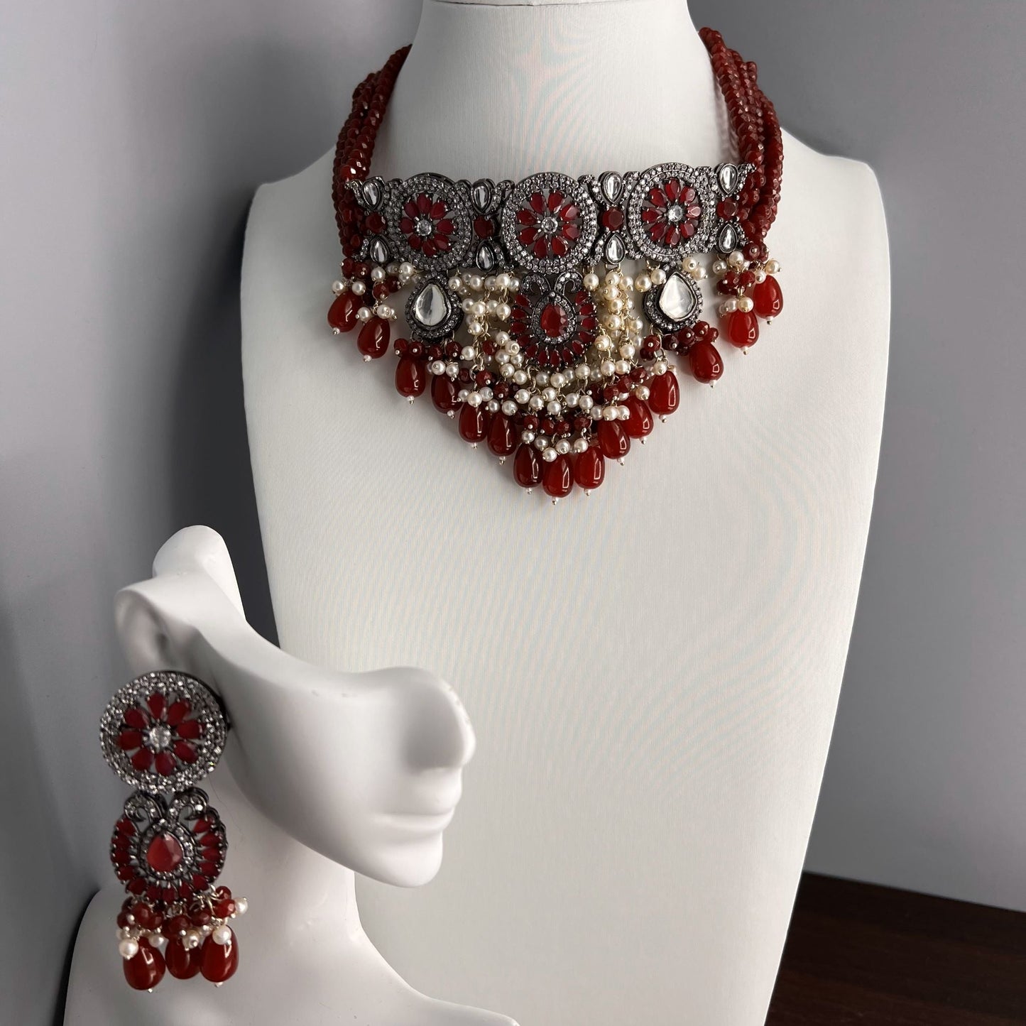 Fashion - Bold Style Maroon Beads, AD/CZ Stone, Bead Mix Choker Necklace Set