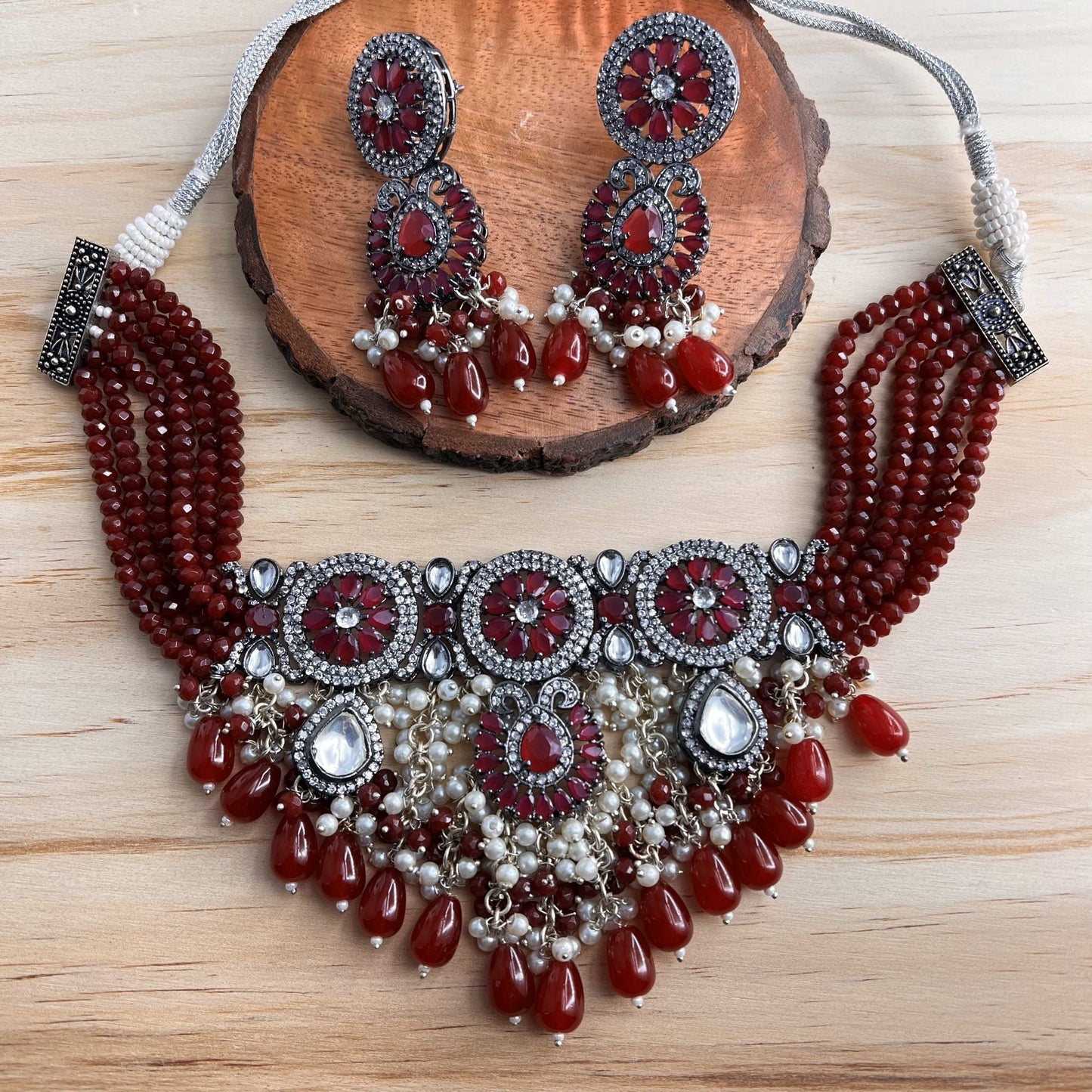 Fashion - Bold Style Maroon Beads, AD/CZ Stone, Bead Mix Choker Necklace Set