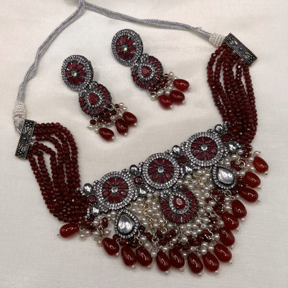 Fashion - Bold Style Maroon Beads, AD/CZ Stone, Bead Mix Choker Necklace Set