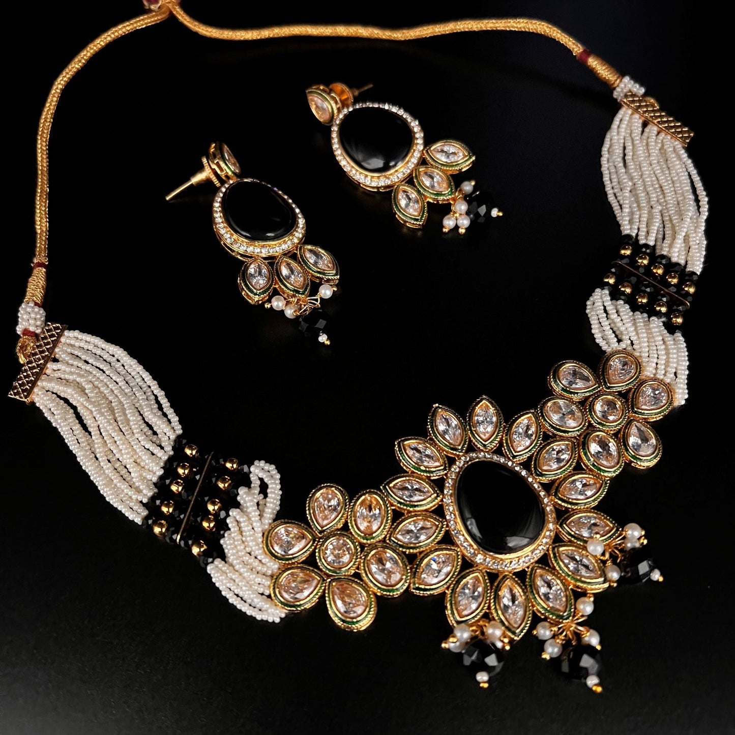 Fashion - Festive Style Black Color Antique Traditional, Bead Mix Necklace Set With Gold Tone Plating