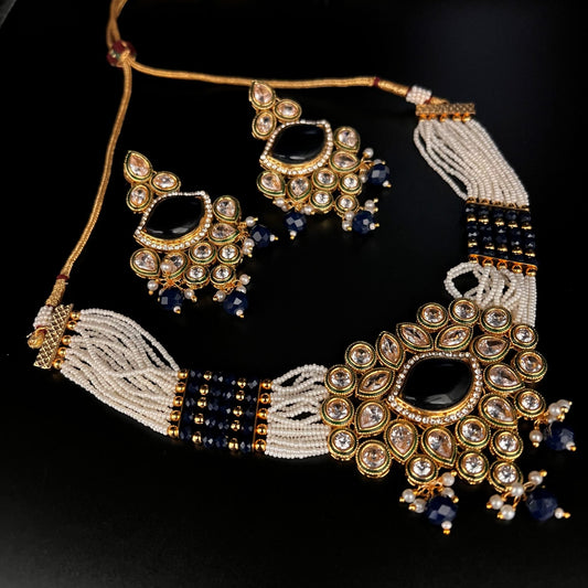 Fashion - Designer Festive Style Navy Blue Color Antique Traditional, Bead Mix Necklace Set With Gold Tone Plating