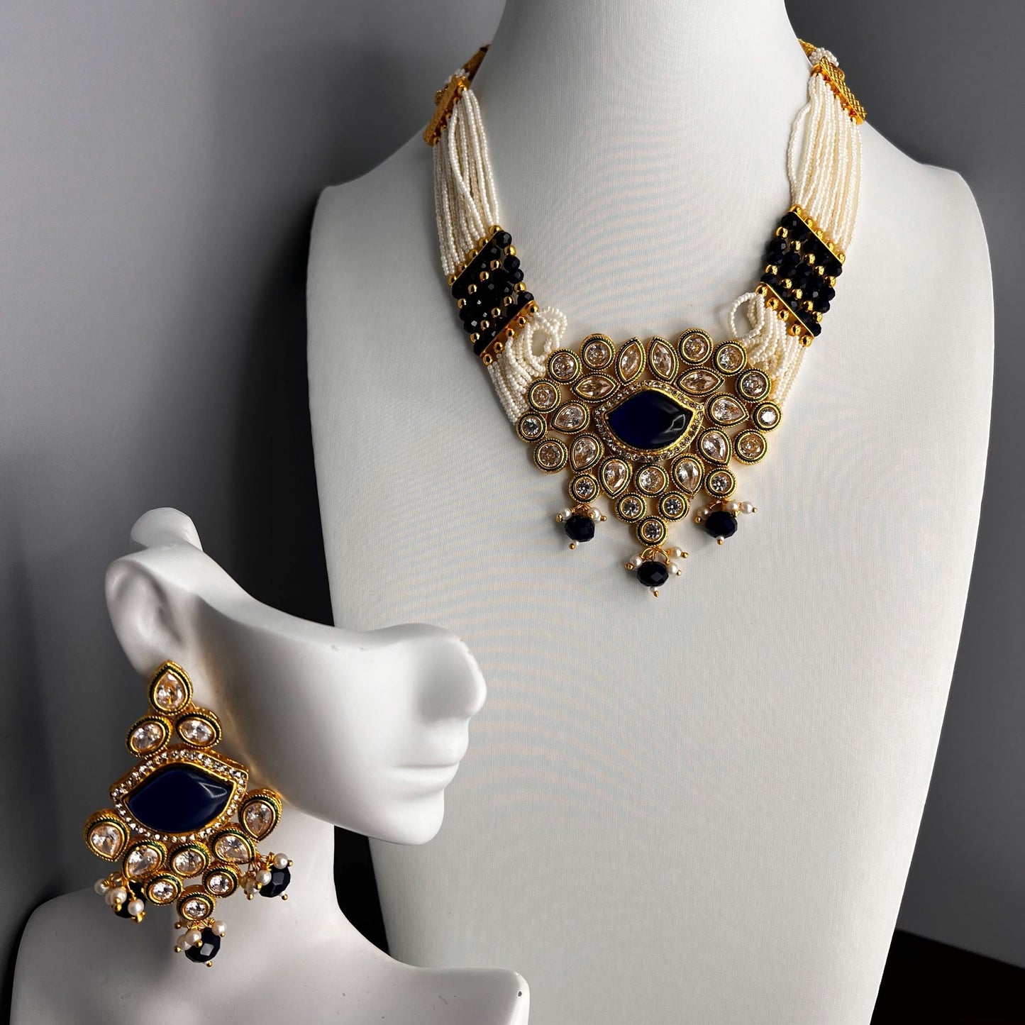 Fashion - Elegant Designer Navy Blue Color Monalisa Stone, Bead Mix Choker Necklace Set