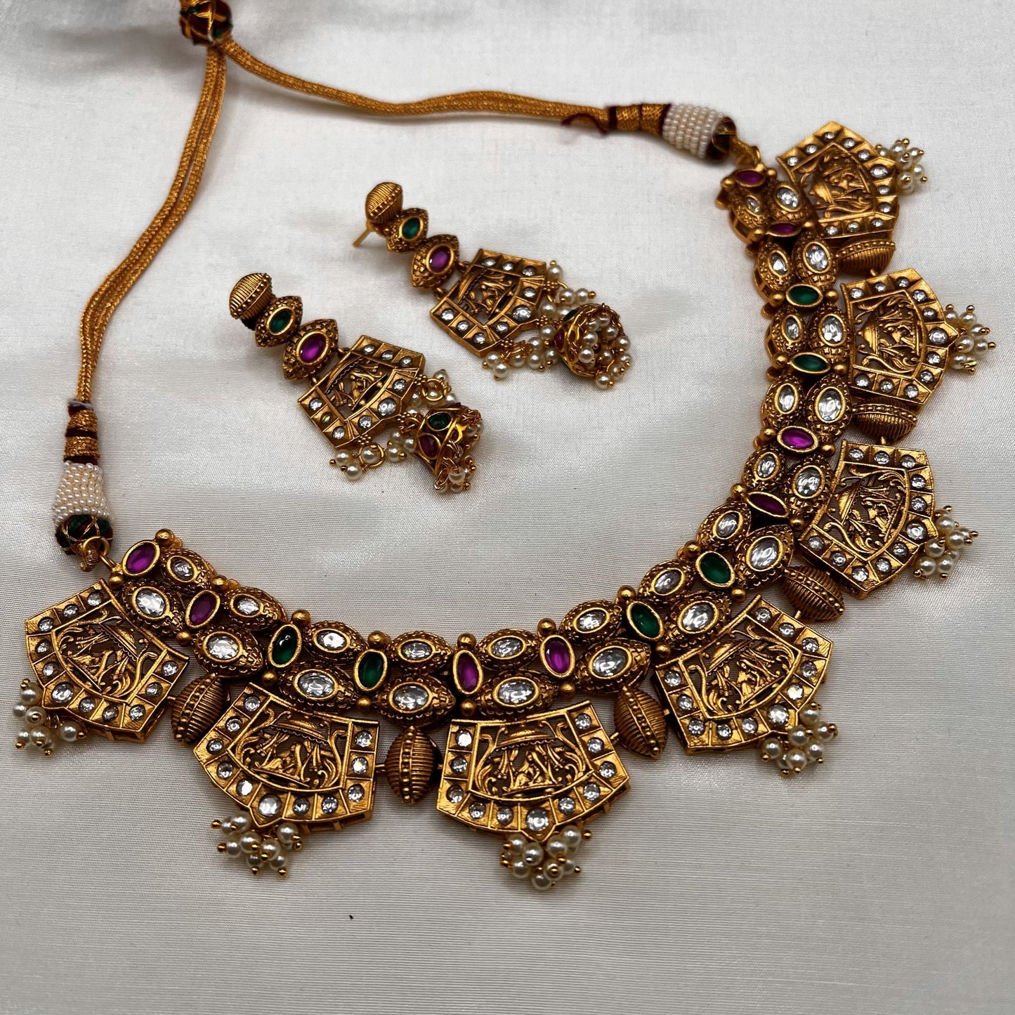 Fashion - One-Of-A-Kind Ruby Pink & Green Antique Traditional Necklace Set