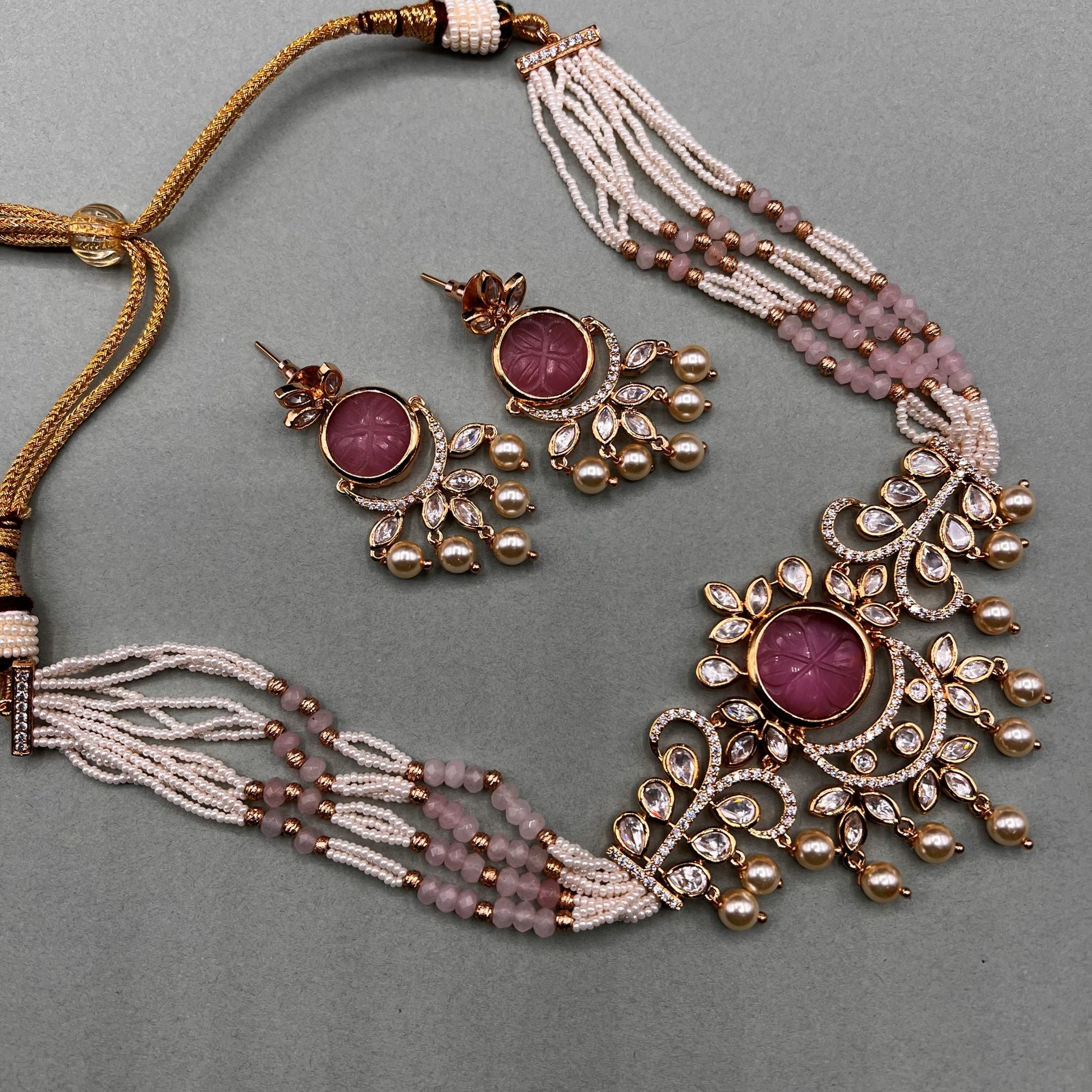 Fashion - Designer Classic Style Pink Color Kundan, Bead Mix Necklace Set With Rose Gold Tone Plating