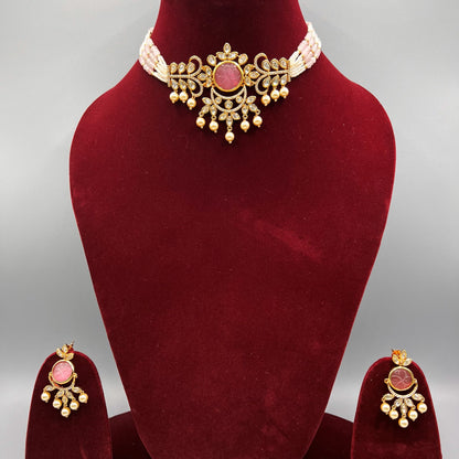 Fashion - Elegant Pink Carved Stone Kundan, Bead Mix Choker Necklace Set